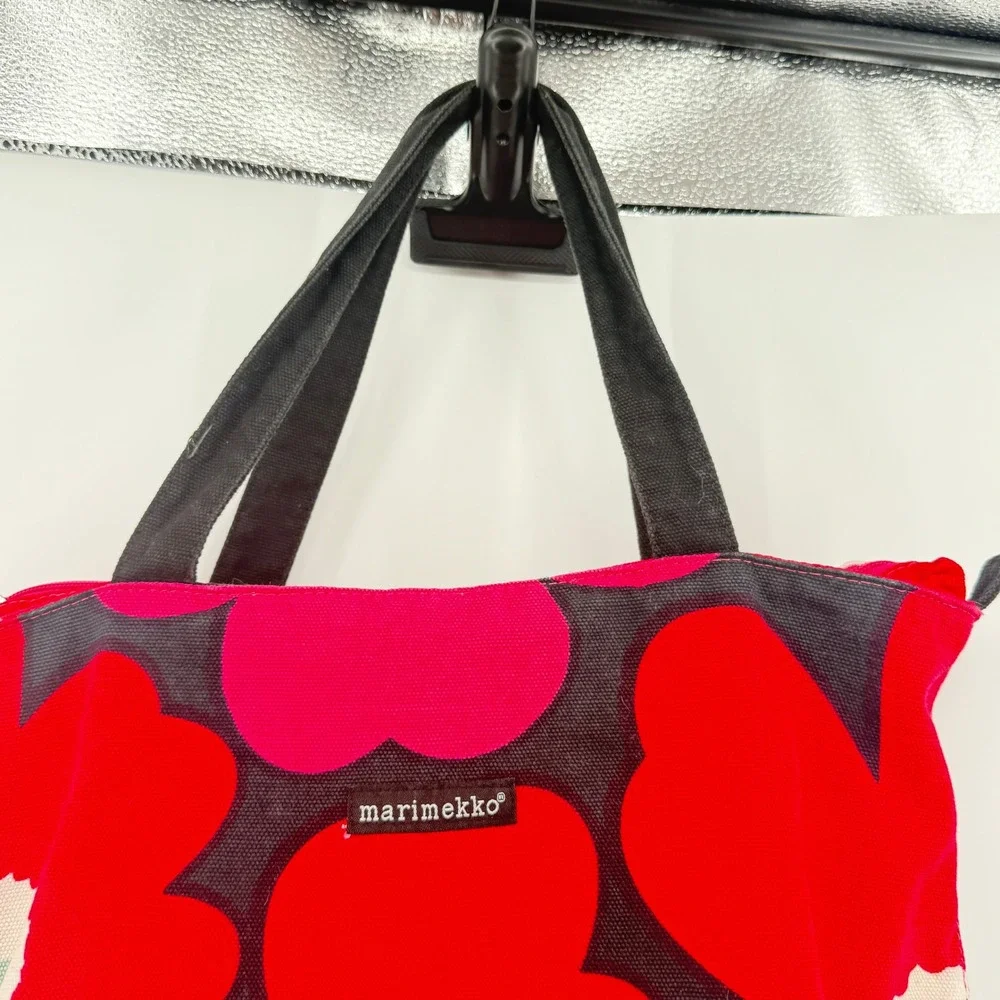 Marimekko Unikko Floral Tote Bag Womens Red Pink Canvas Zipper Shoulder Bag